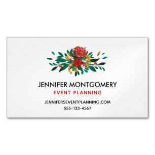 Modern Red Green & Gold Christmas Floral Business Card Magnet