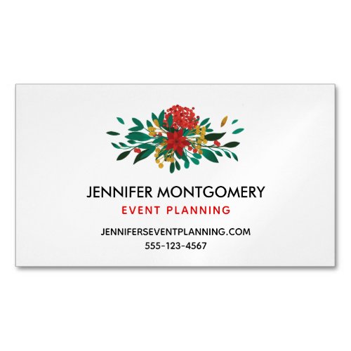 Modern Red Green  Gold Christmas Floral Business Card Magnet