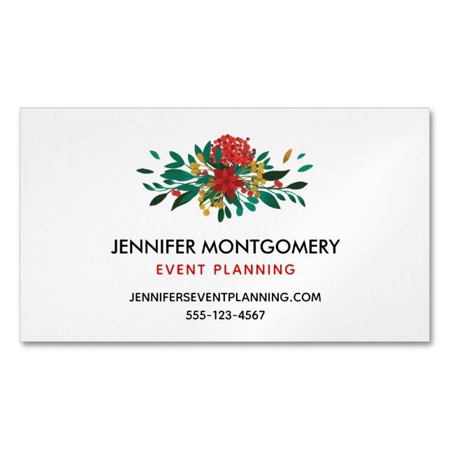 Modern Red Green & Gold Christmas Floral Business Card Magnet (Front)