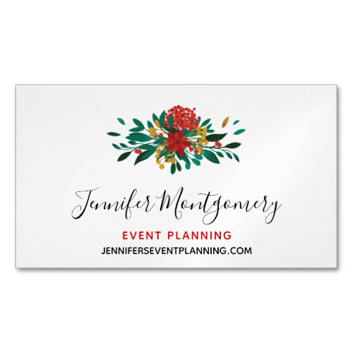 Modern Red Green  Gold Christmas Floral Business Card Magnet