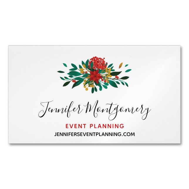 Modern Red Green & Gold Christmas Floral Business Card Magnet (Front)