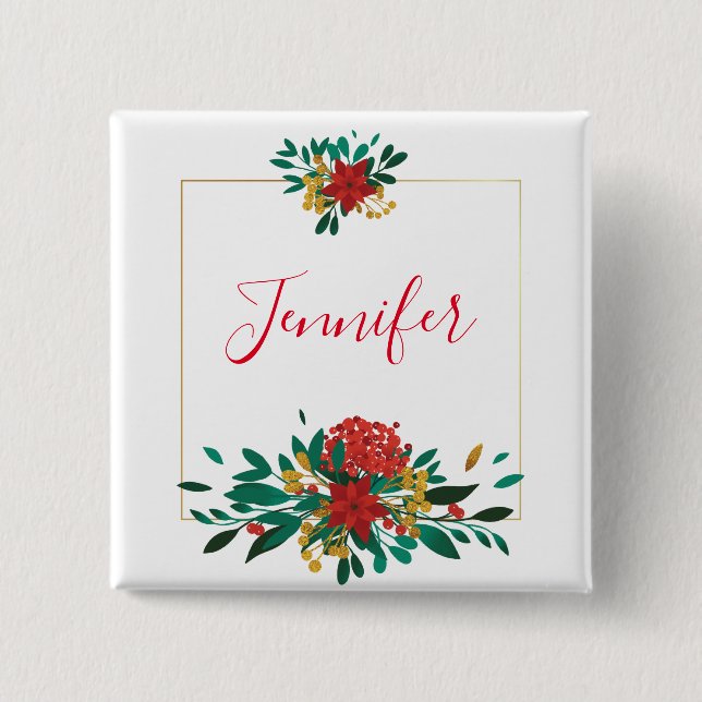 Modern Red Green & Gold Christmas Floral Button (Front)