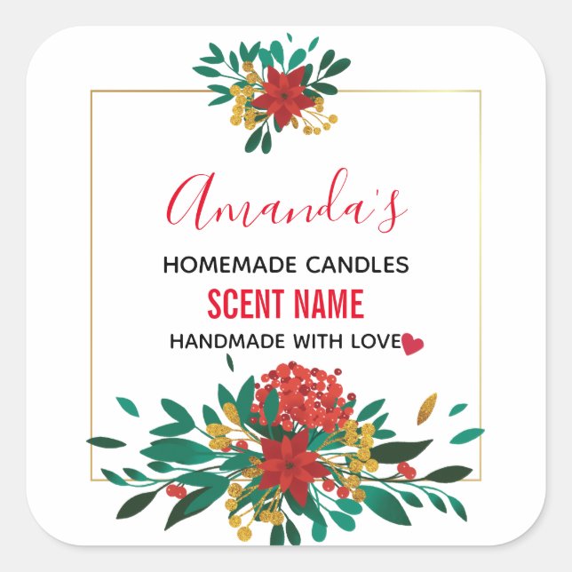 Modern Red Green & Gold Christmas Floral Candle Square Sticker (Front)