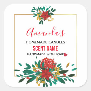 Modern Red Green & Gold Christmas Floral Candle Square Sticker