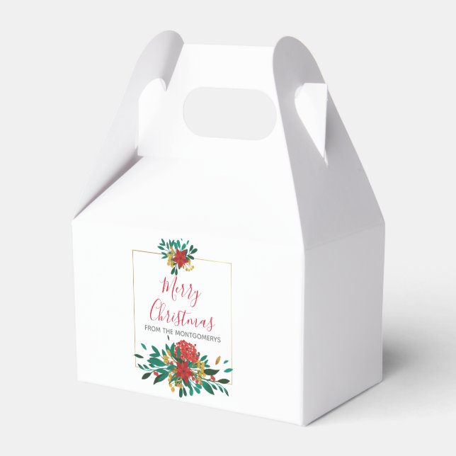 Modern Red Green & Gold Christmas Floral Favor Boxes (Front Side)