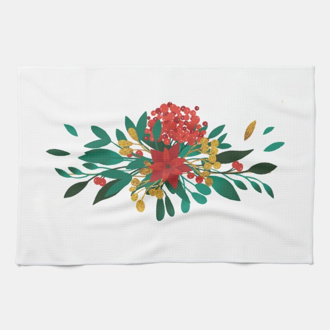 Modern Red Green & Gold Christmas Floral Kitchen Towel (Horizontal)