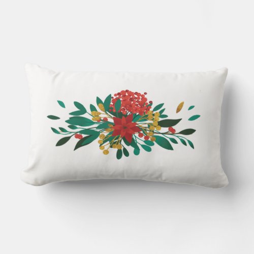 Modern Red Green  Gold Christmas Floral Lumbar Pillow