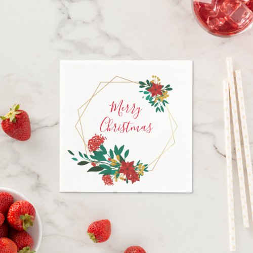 Modern Red Green  Gold Christmas Floral Napkins