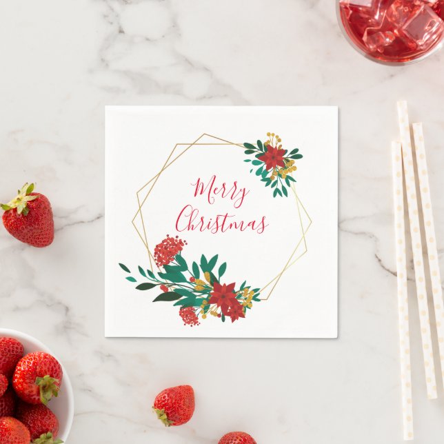Modern Red Green & Gold Christmas Floral Napkins (Insitu)