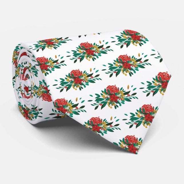 Modern Red Green & Gold Christmas Floral Neck Tie (Rolled)