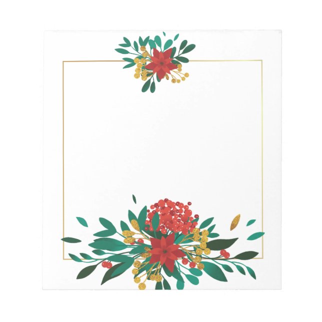 Modern Red Green & Gold Christmas Floral Notepad (Front)