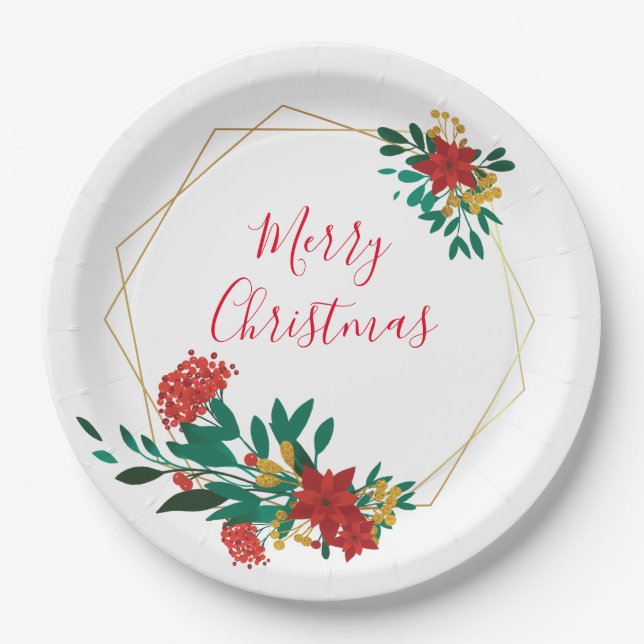 Modern Red Green & Gold Christmas Floral Paper Plates (Front)