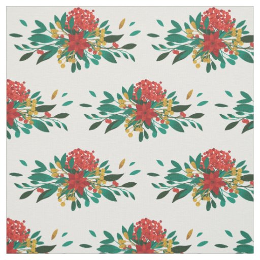 Modern Red Green & Gold Christmas Floral Pattern Fabric