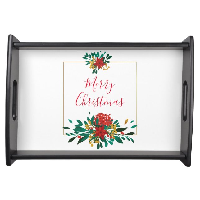 Modern Red Green & Gold Christmas Floral Serving Tray (Front)