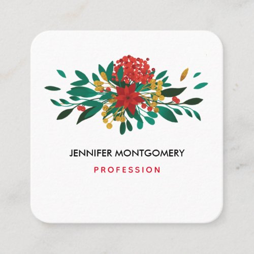 Modern Red Green  Gold Christmas Floral Square Business Card