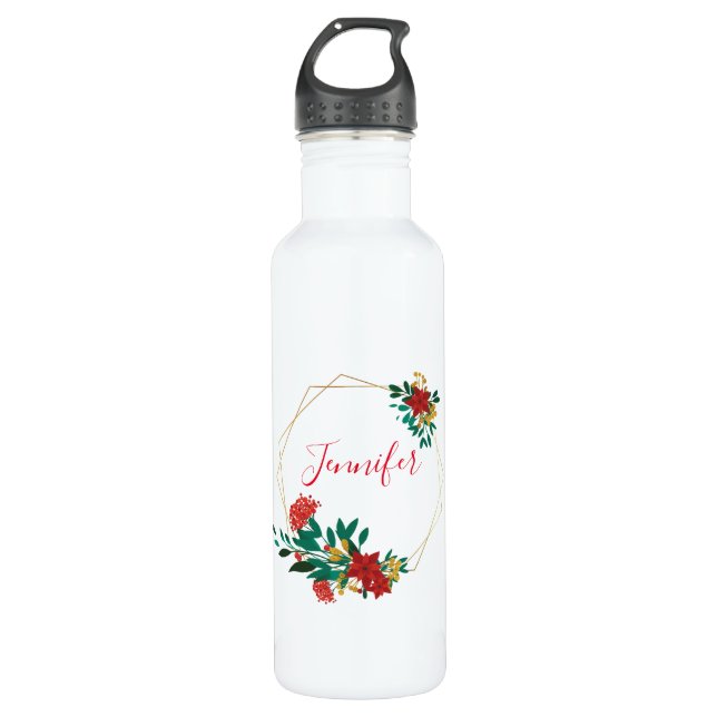 Modern Red Green & Gold Christmas Floral Stainless Steel Water Bottle (Front)