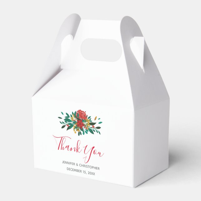 Modern Red Green & Gold Christmas Floral Thank You Favor Boxes (Front Side)