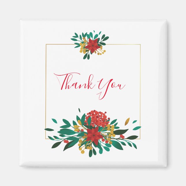 Modern Red Green & Gold Christmas Floral Thank You Magnet (Front)