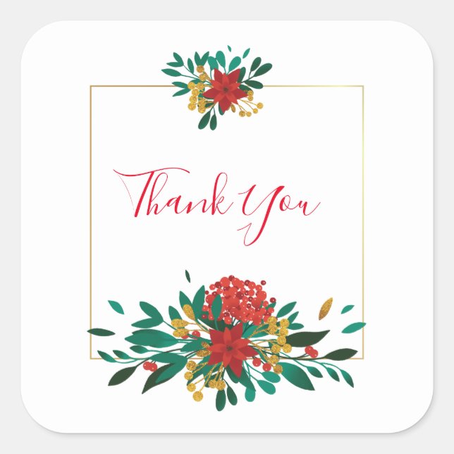 Modern Red Green & Gold Christmas Floral Thank You Square Sticker (Front)