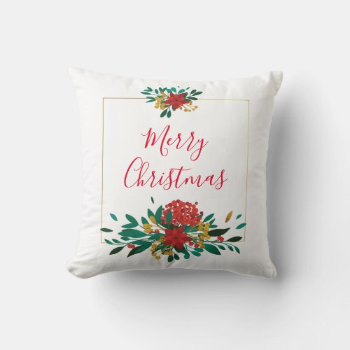 Modern Red Green  Gold Christmas Floral Throw Pillow