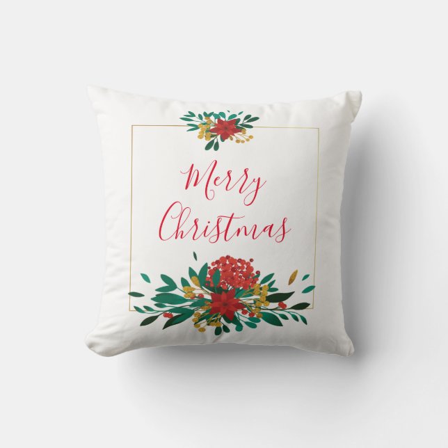 Modern Red Green & Gold Christmas Floral Throw Pillow (Front)