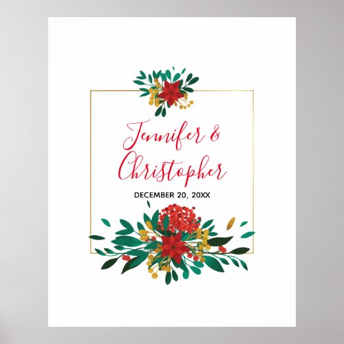 Modern Red Green & Gold Christmas Floral Wedding Poster