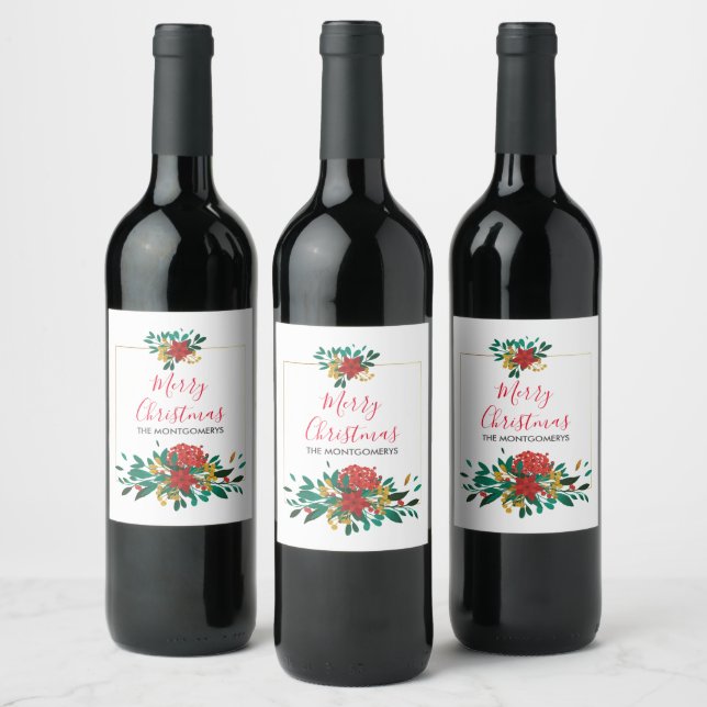 Modern Red Green & Gold Christmas Floral Wine Label (Bottles)