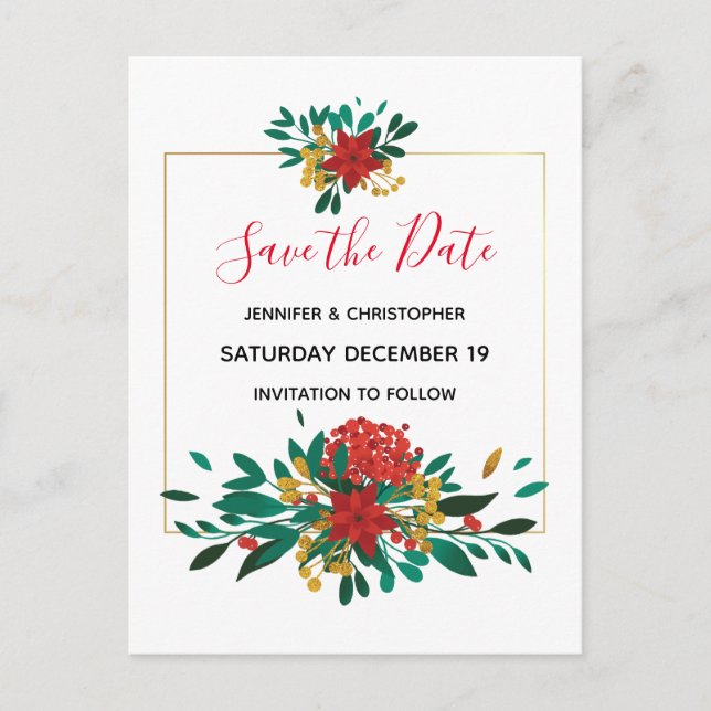 Modern Red Green & Gold Christmas Save the Date Invitation Postcard (Front)