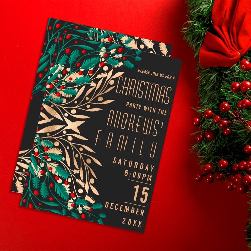 Modern Red Green Gold Holly Berry Leaves Christmas Invitation