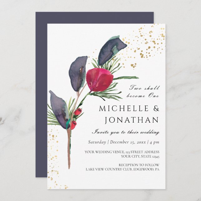 Modern Red Green Gray Winter Christian Wedding Invitation (Front/Back)
