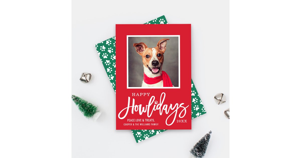 Modern Red Green Happy Howlidays Puppy Dog Photo Holiday Card | Zazzle
