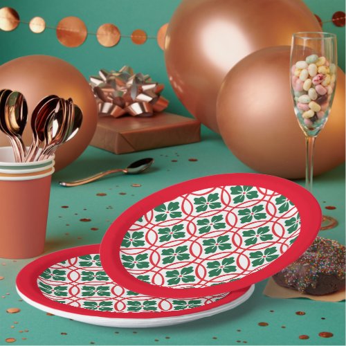 Modern Red Green Holly Christmas Paper Plate
