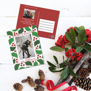 Modern Red & Green Jolly Holly 2 Photo Holiday Postcard
