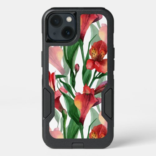 Modern Red  Green Lily Illustration Pattern iPhone 13 Case