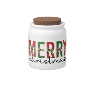 Modern Red Green Merry Christmas Leopard Print Candy Jar