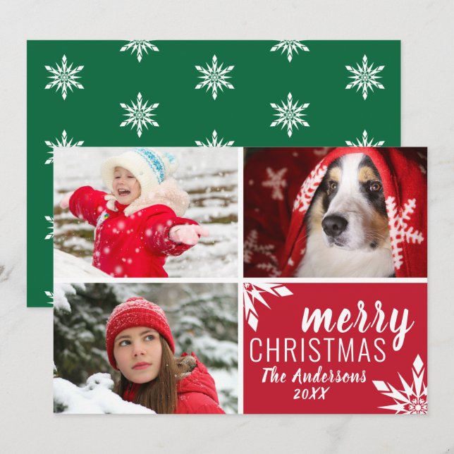 Modern Red & Green Merry Christmas Photo Collage Holiday Card (Front/Back)