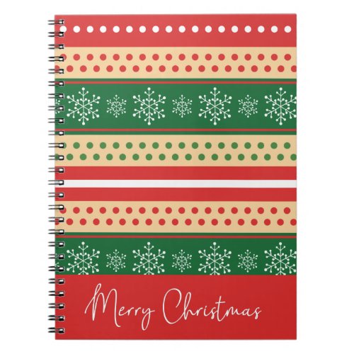 Modern Red Green Merry Christmas Snowflakes Dots Notebook
