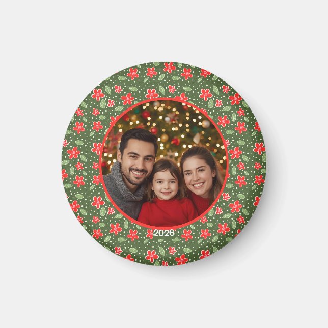 Modern Red & Green Personalized Floral Photo Magnet (Front)