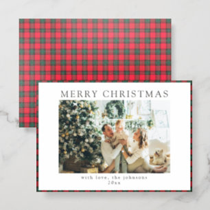 Modern Red Green Plaid Christmas Holiday Family Letterpress Photo Cards