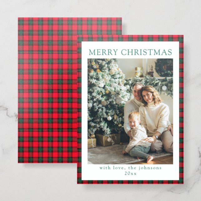 Modern Red Green Plaid Christmas Holiday Family Letterpress Photo Cards (Front/Back)