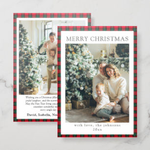 Modern Red Green Plaid Christmas Holiday Letterpress Photo Cards