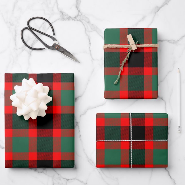 Modern Red Green Plaid Tartan Pattern Wrapping Paper Sheets (Front)