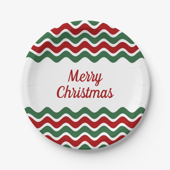 Modern Red Green Stripes Christmas Paper Plates (Front)