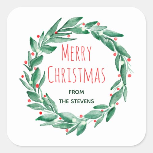 Modern red green watercolor Merry Christmas wreath Square Sticker