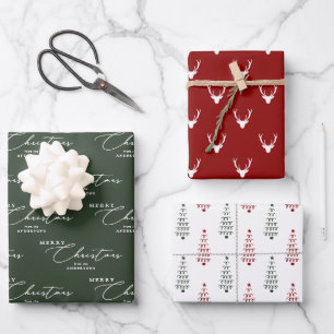 Modern Red Green & White Merry Christmas Script Wrapping Paper Sheets