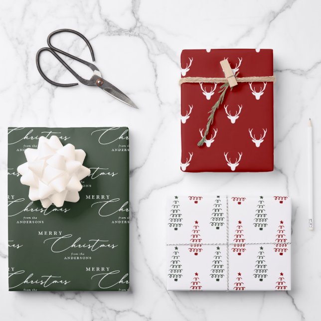 Modern Red Green & White Merry Christmas Script Wrapping Paper Sheets (Front)