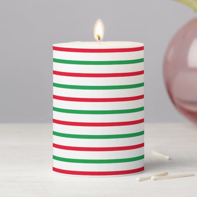 Modern red green white stripes cute Christmas  Pillar Candle (In Situ)