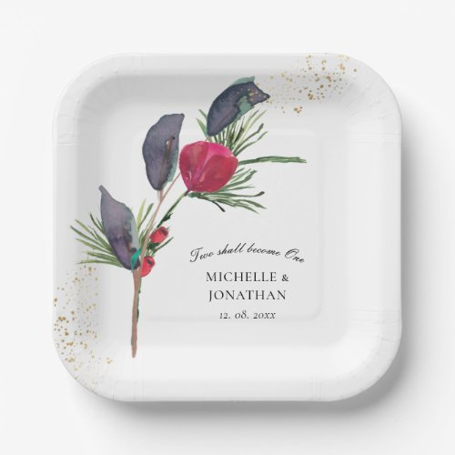 Modern Red Green Winter Floral Christian Wedding Paper Plates
