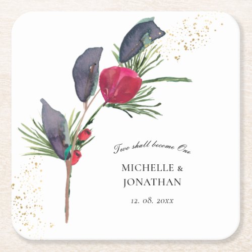 Modern Red Green Winter Floral Christian Wedding  Square Paper Coaster