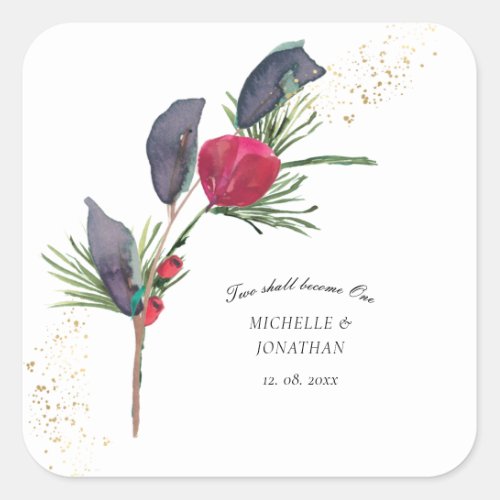 Modern Red Green Winter Floral Christian Wedding Square Sticker